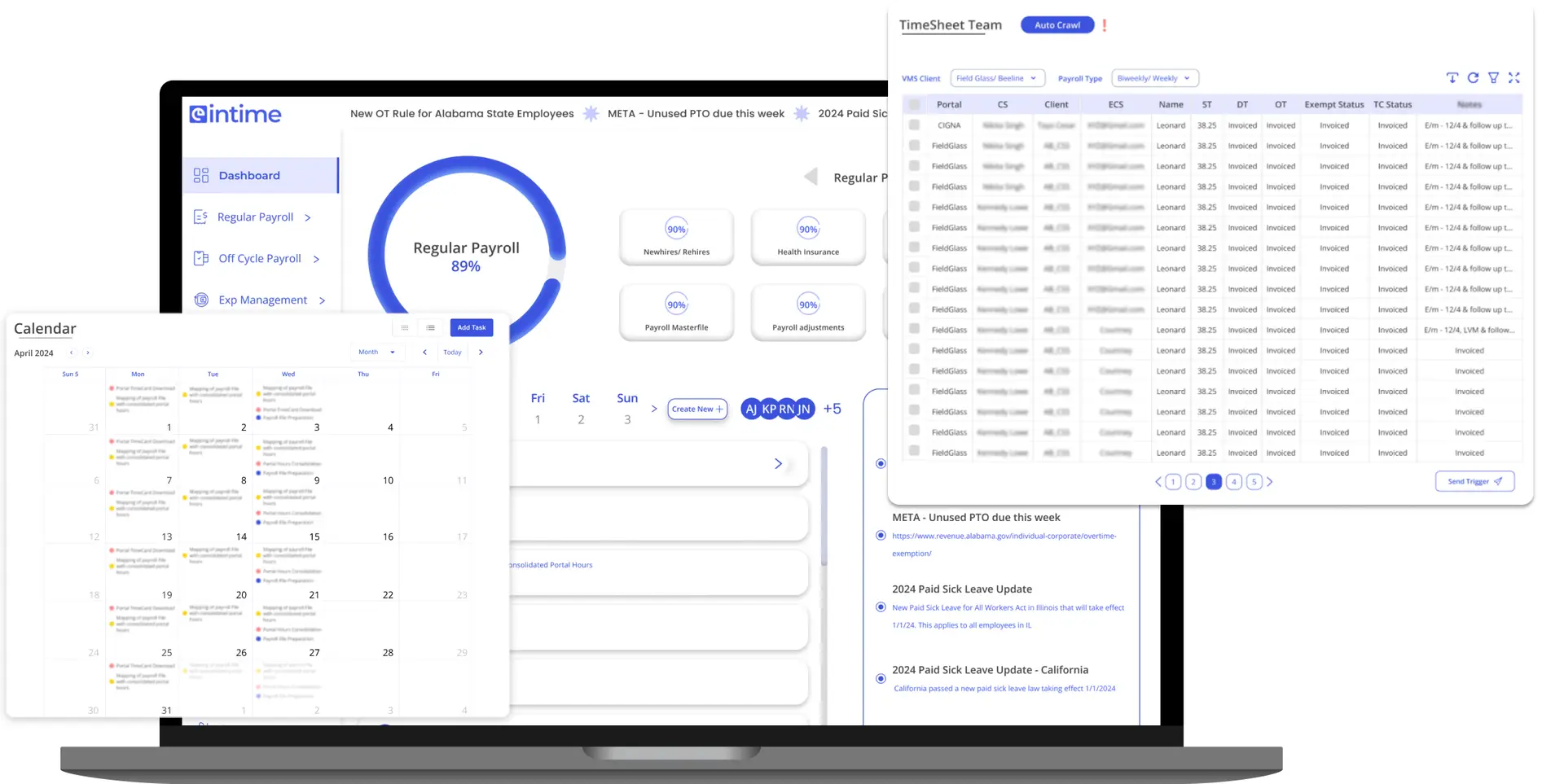 Dashboard of timesheet reconciliation product with overlayed screens